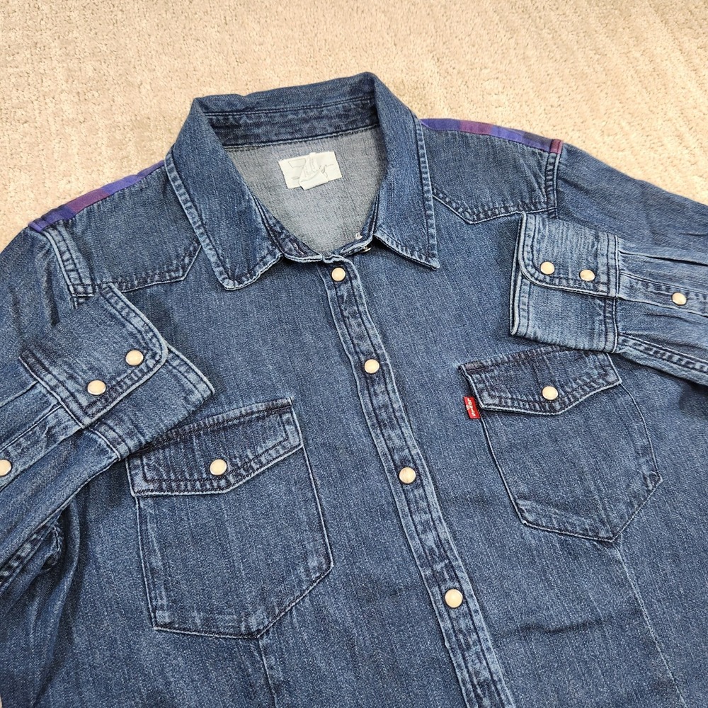 Levis Denim Pearl Snap Shirt Women Large Plaid Yoke Cowgirl Rodeo Western Button